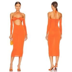 Camila Coelho Sunset Orange Harmony Cutout Long Sleeve Halter Midi Dress Small